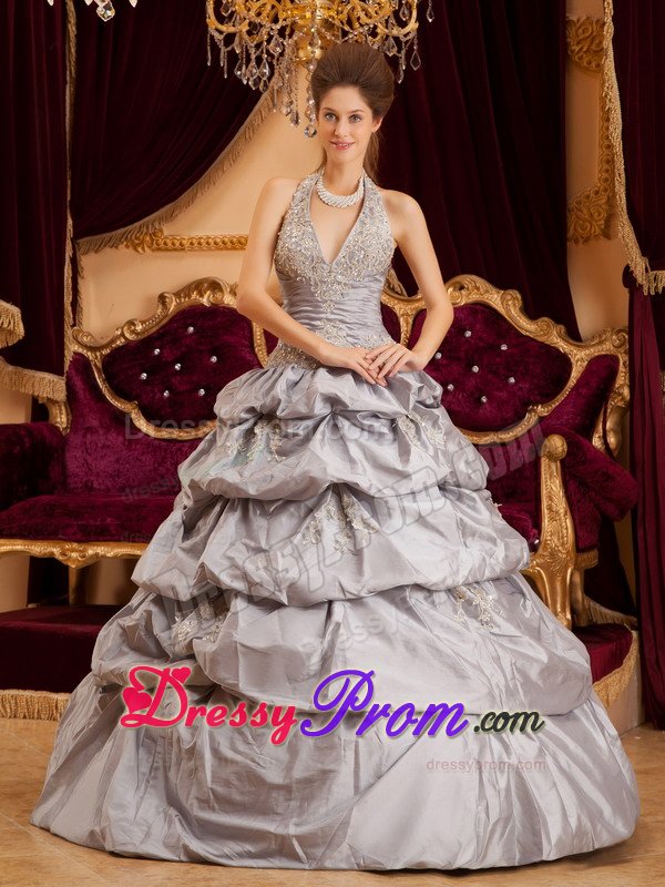 Aspen CO Gray Halter Quinces Dresses with Appliques and Pick ups