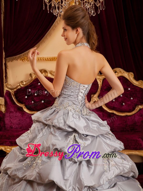Aspen CO Gray Halter Quinces Dresses with Appliques and Pick ups