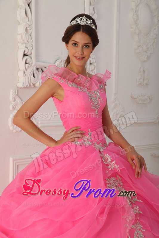 Pink Ball Gown Organza v Neck Quinceanera Dresses with Appliques
