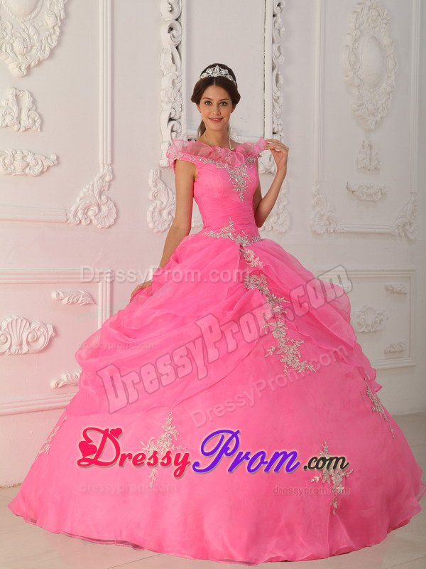 Pink Ball Gown Organza v Neck Quinceanera Dresses with Appliques
