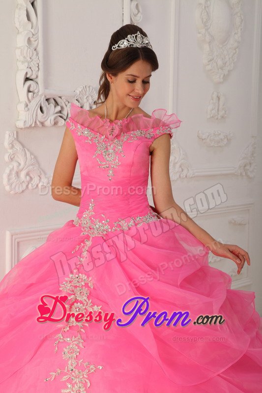 Pink Ball Gown Organza v Neck Quinceanera Dresses with Appliques