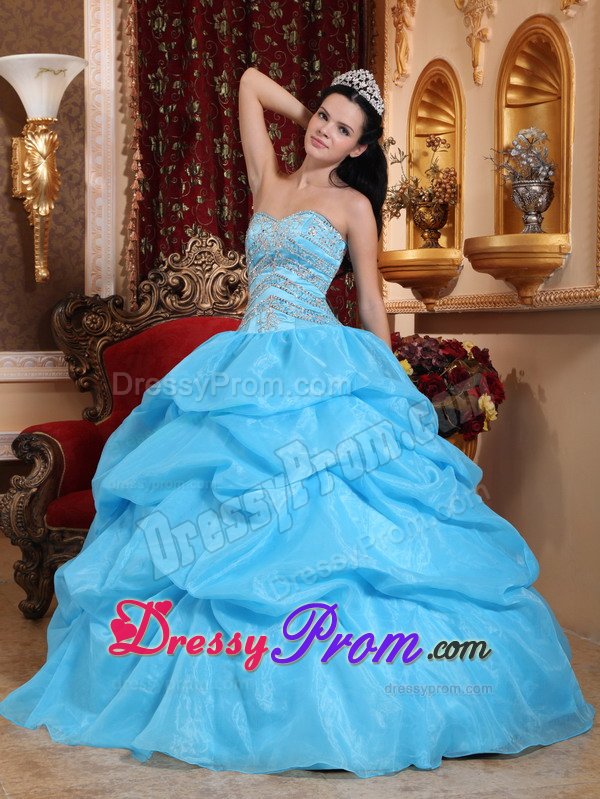 Beading and Pick ups Accent Aqua Blue Organza Quinceaneara Dress