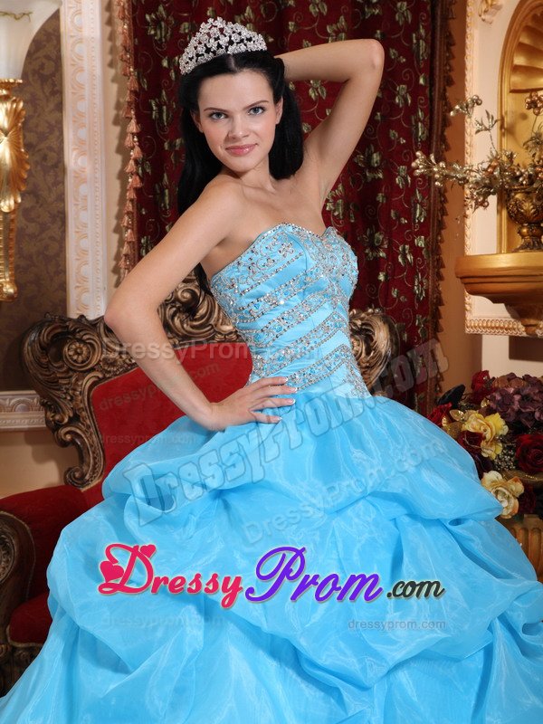 Beading and Pick ups Accent Aqua Blue Organza Quinceaneara Dress