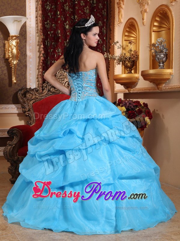 Beading and Pick ups Accent Aqua Blue Organza Quinceaneara Dress