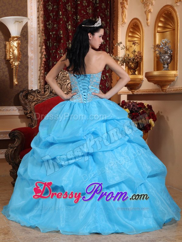 Beading and Pick ups Accent Aqua Blue Organza Quinceaneara Dress