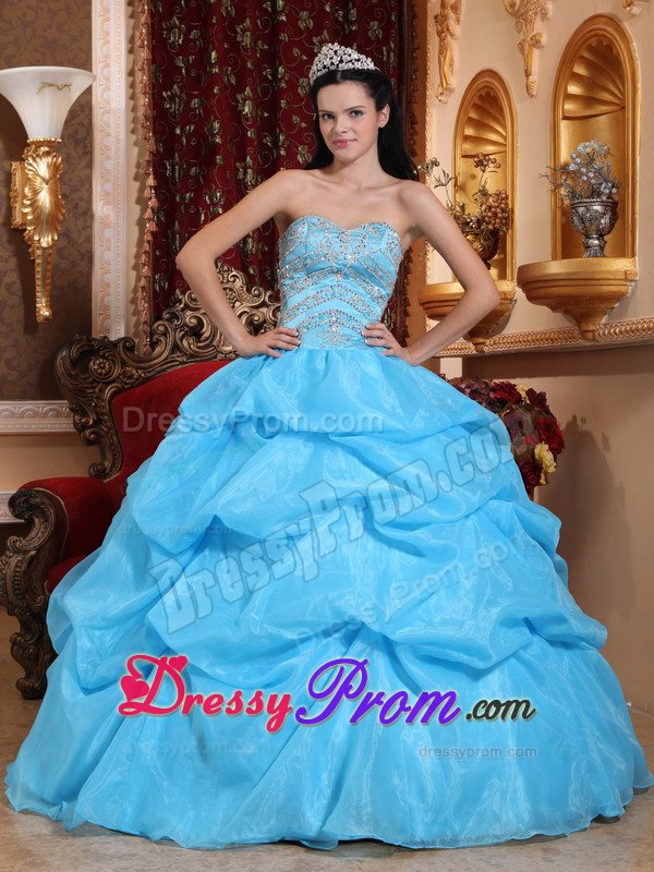 Beading and Pick ups Accent Aqua Blue Organza Quinceaneara Dress
