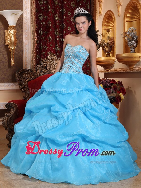 Beading and Pick ups Accent Aqua Blue Organza Quinceaneara Dress