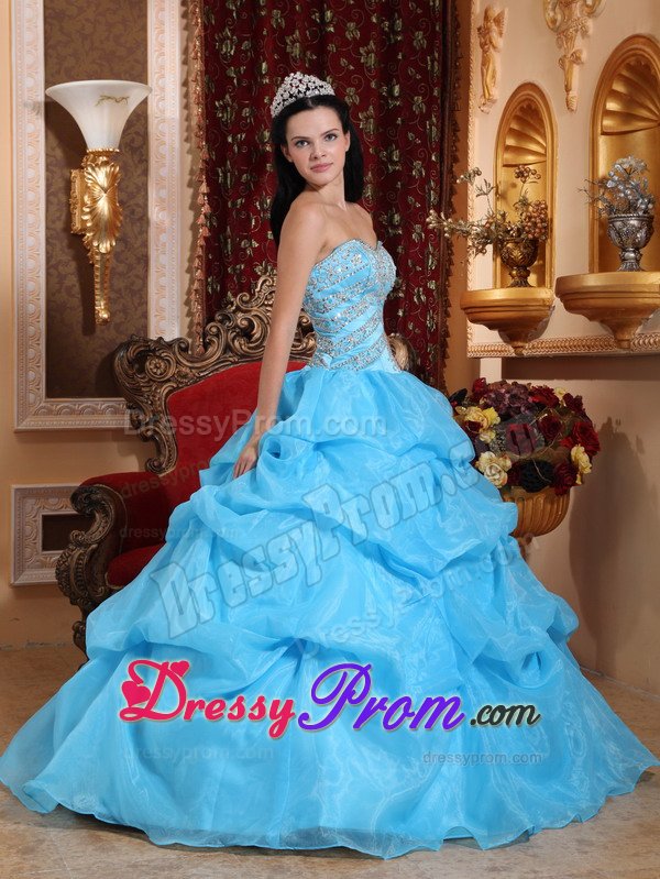 Beading and Pick ups Accent Aqua Blue Organza Quinceaneara Dress