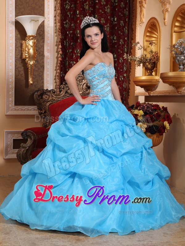 Beading and Pick ups Accent Aqua Blue Organza Quinceaneara Dress