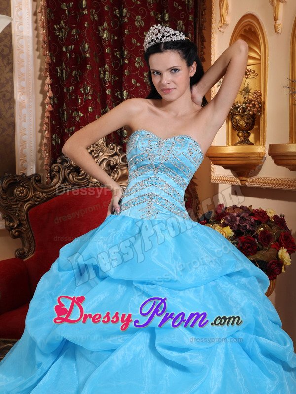 Beading and Pick ups Accent Aqua Blue Organza Quinceaneara Dress