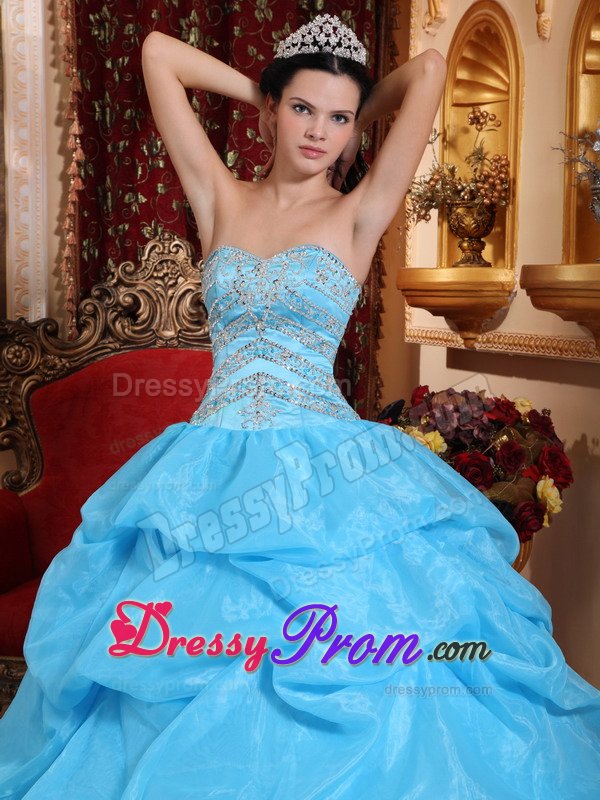 Beading and Pick ups Accent Aqua Blue Organza Quinceaneara Dress