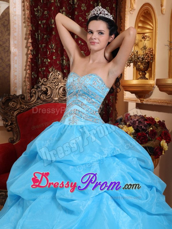 Beading and Pick ups Accent Aqua Blue Organza Quinceaneara Dress