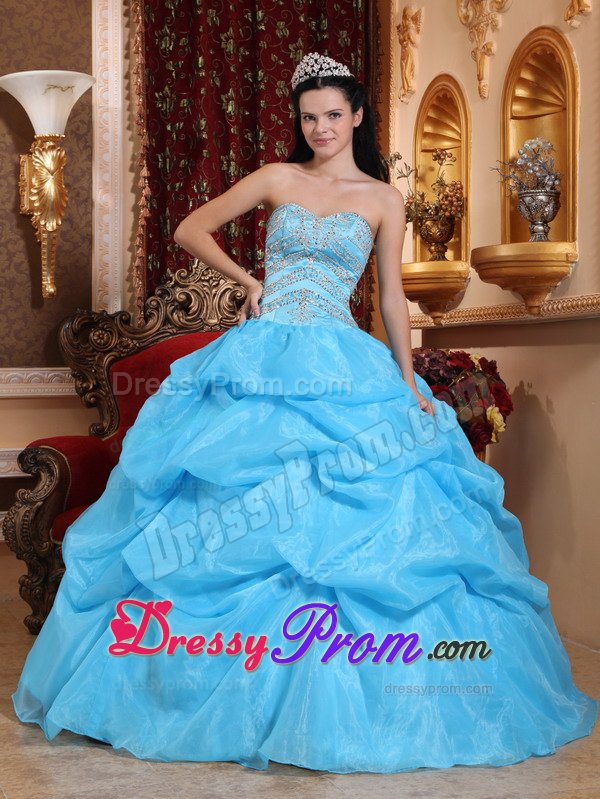 Beading and Pick ups Accent Aqua Blue Organza Quinceaneara Dress