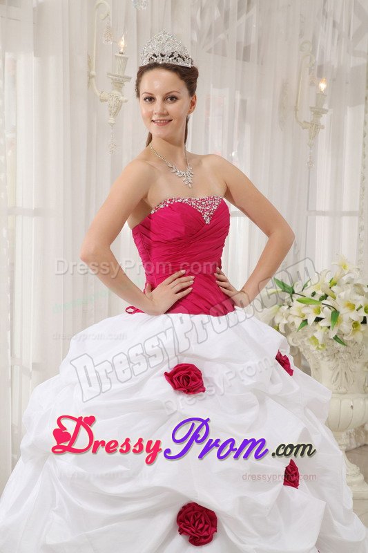 Hot Pink and White Quinceanera Dresses with Beading and Flowers