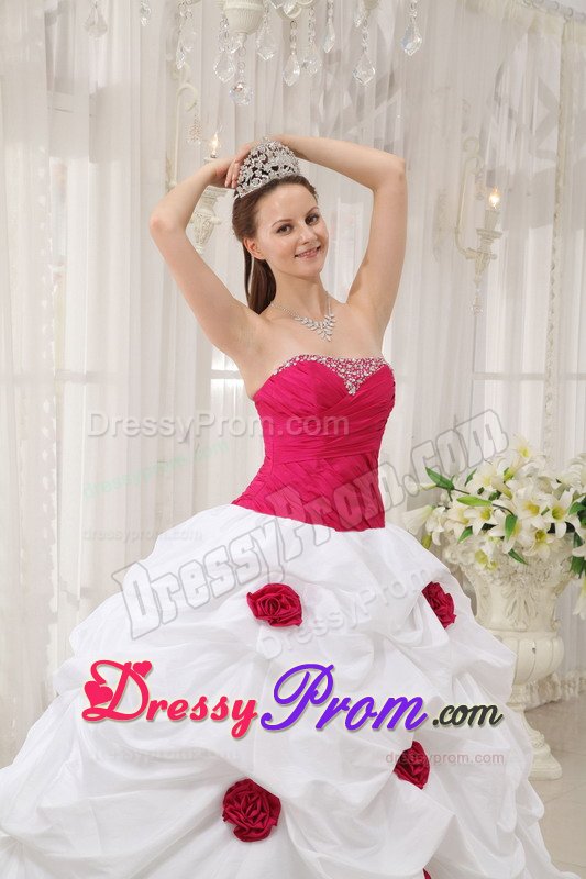 Hot Pink and White Quinceanera Dresses with Beading and Flowers