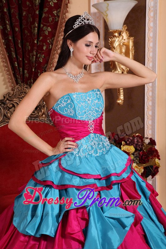 Aqua Blue and Fuchsia Quinceanera Dress with Appliques Ruffles
