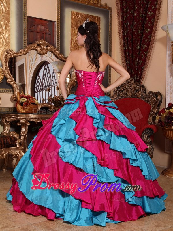 Aqua Blue and Fuchsia Quinceanera Dress with Appliques Ruffles