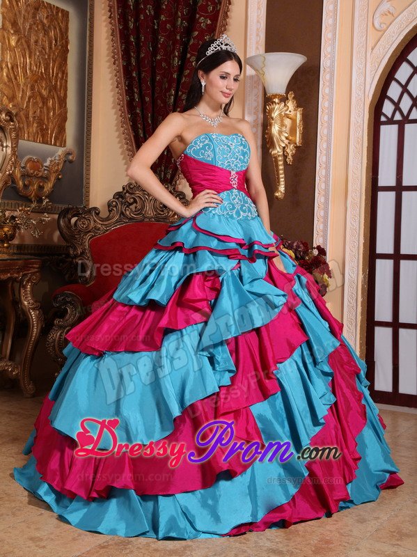 Aqua Blue and Fuchsia Quinceanera Dress with Appliques Ruffles