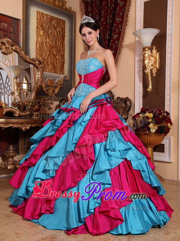 Aqua Blue and Fuchsia Quinceanera Dress with Appliques Ruffles