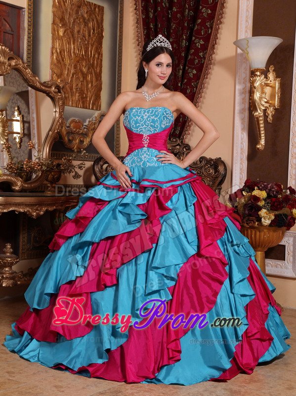 Aqua Blue and Fuchsia Quinceanera Dress with Appliques Ruffles
