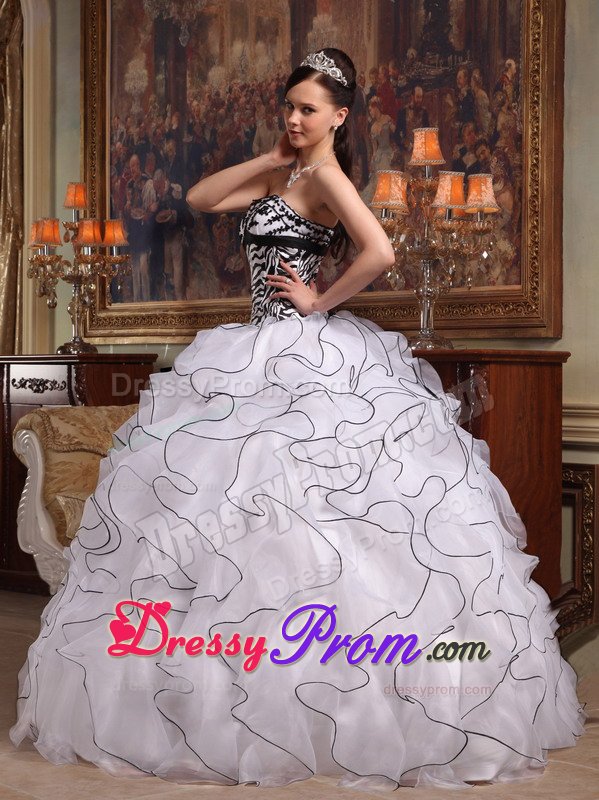 Zebra Appliques Ruffles Strapless Sweet Sixteen Dress in White