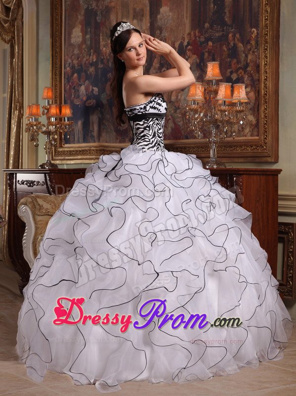 Zebra Appliques Ruffles Strapless Sweet Sixteen Dress in White