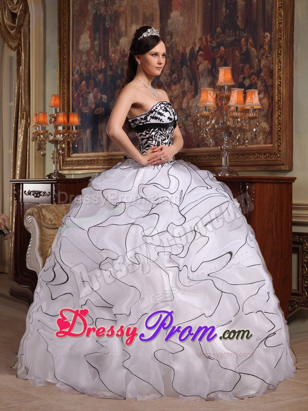 Zebra Appliques Ruffles Strapless Sweet Sixteen Dress in White