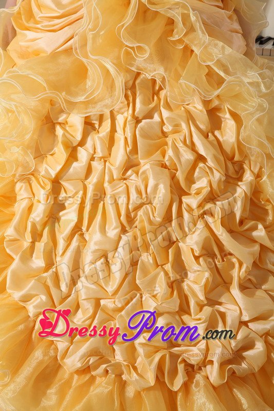 Beaded and Ruffled Gold Sweet Sixteen Dresses with Brush Train
