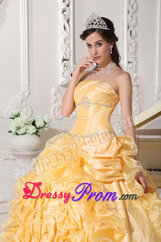 Beaded and Ruffled Gold Sweet Sixteen Dresses with Brush Train