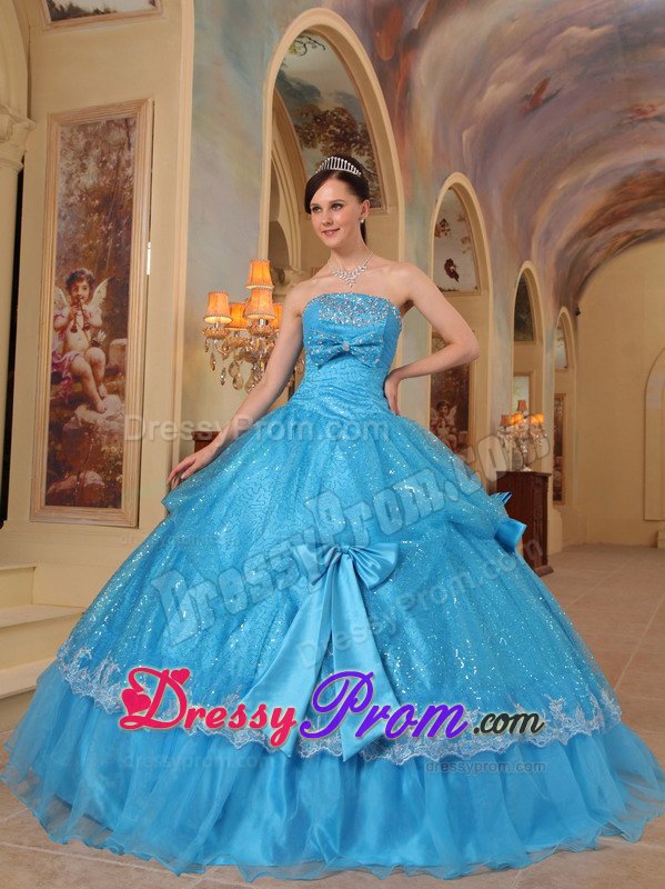 Bowknots Accent Blue Organza Sweet Sixteen Dresses with Sequins