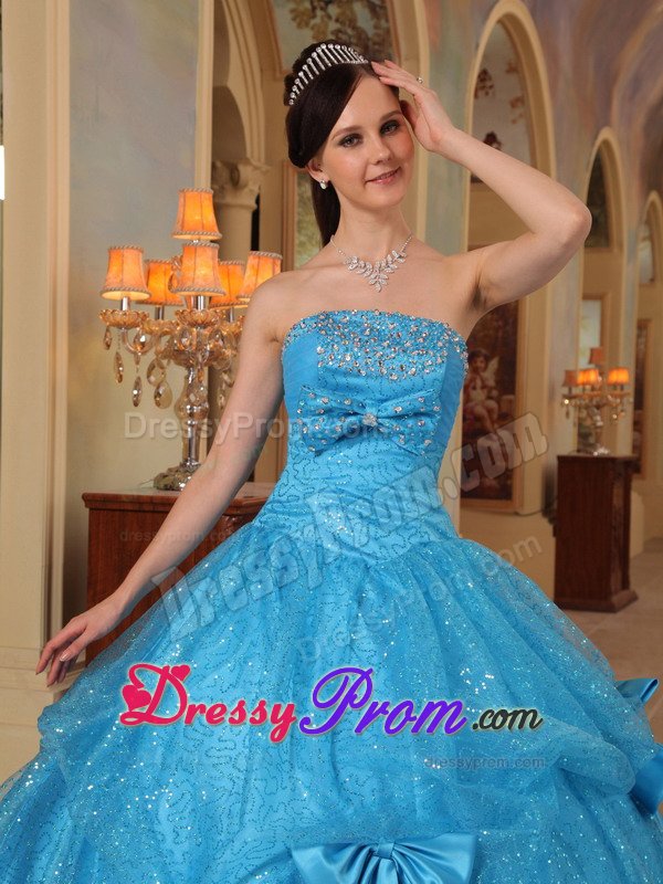 Bowknots Accent Blue Organza Sweet Sixteen Dresses with Sequins
