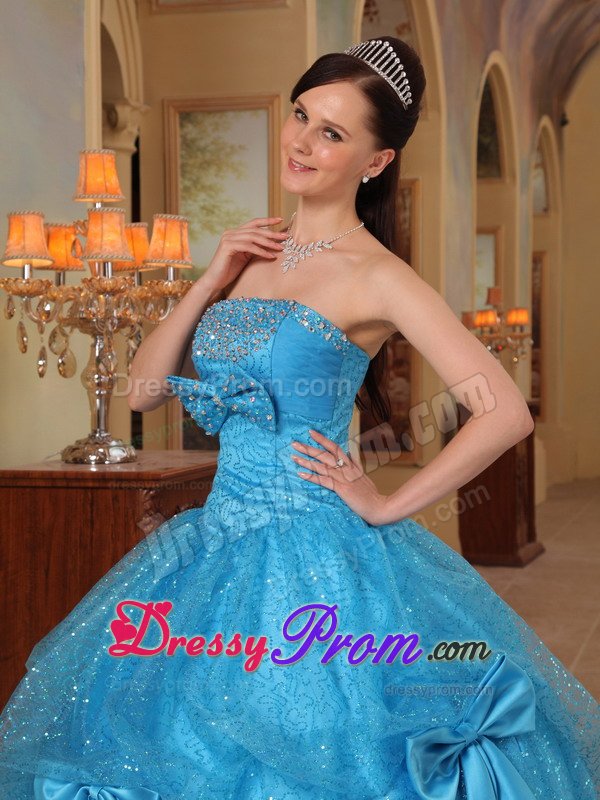 Bowknots Accent Blue Organza Sweet Sixteen Dresses with Sequins