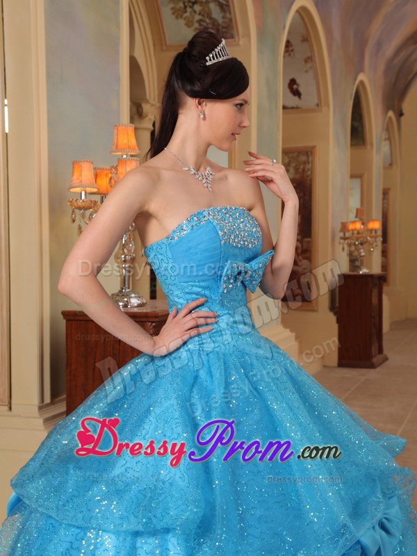 Bowknots Accent Blue Organza Sweet Sixteen Dresses with Sequins