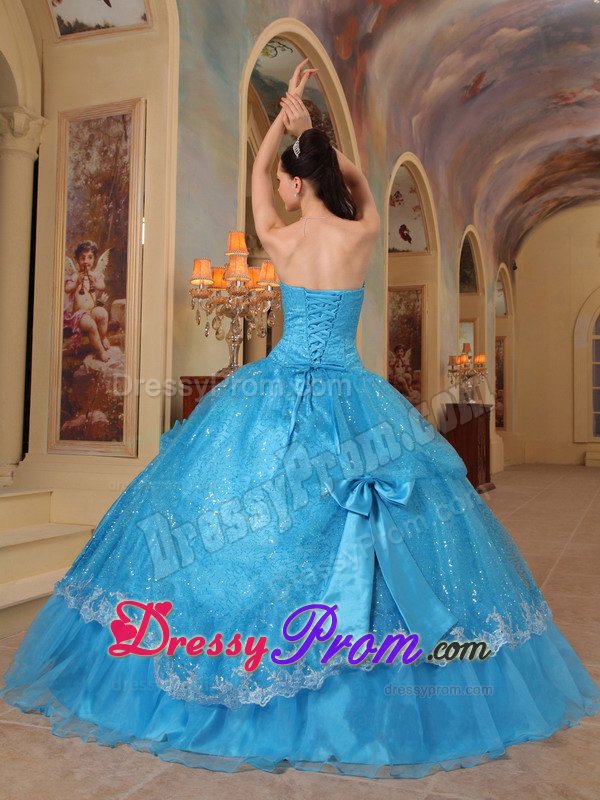 Bowknots Accent Blue Organza Sweet Sixteen Dresses with Sequins