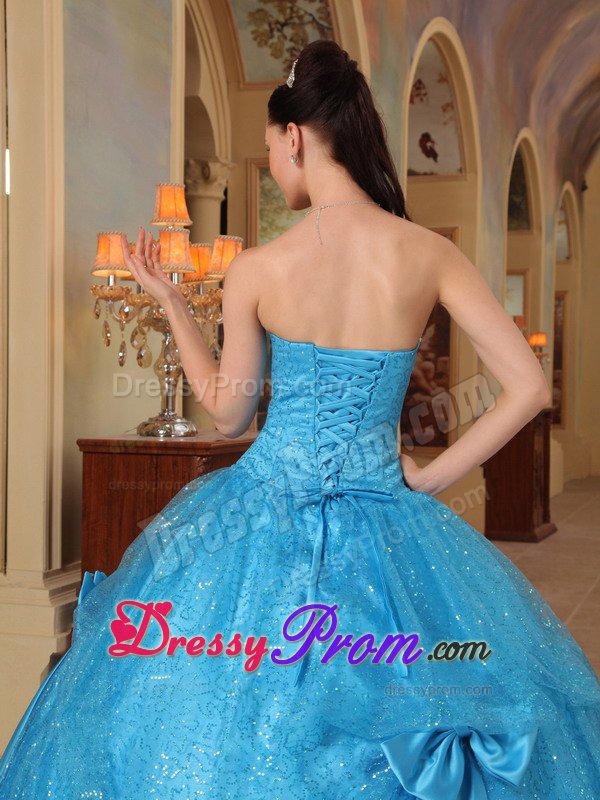 Bowknots Accent Blue Organza Sweet Sixteen Dresses with Sequins