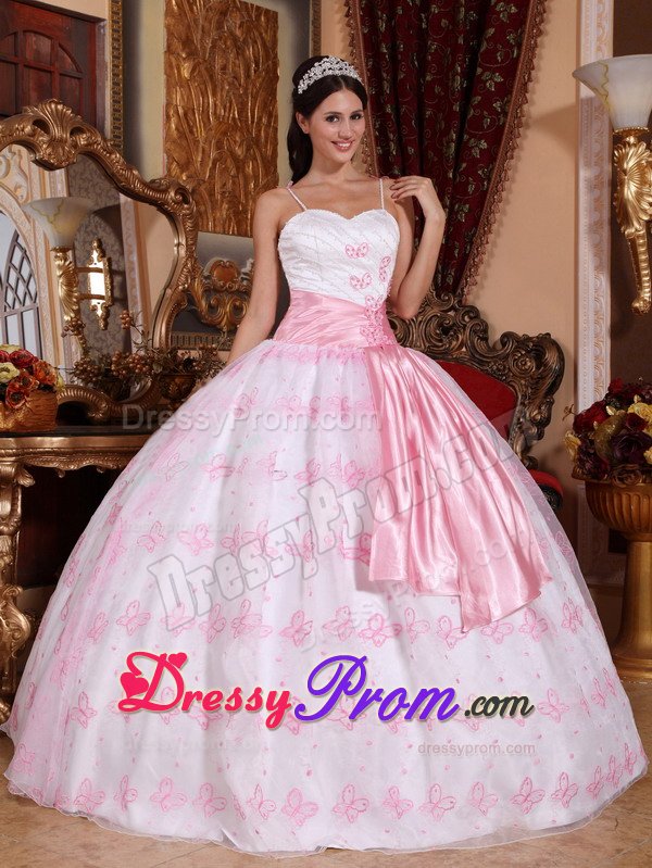 Embroidery Sash Spaghetti Straps Sweet Sixteen Dress in White