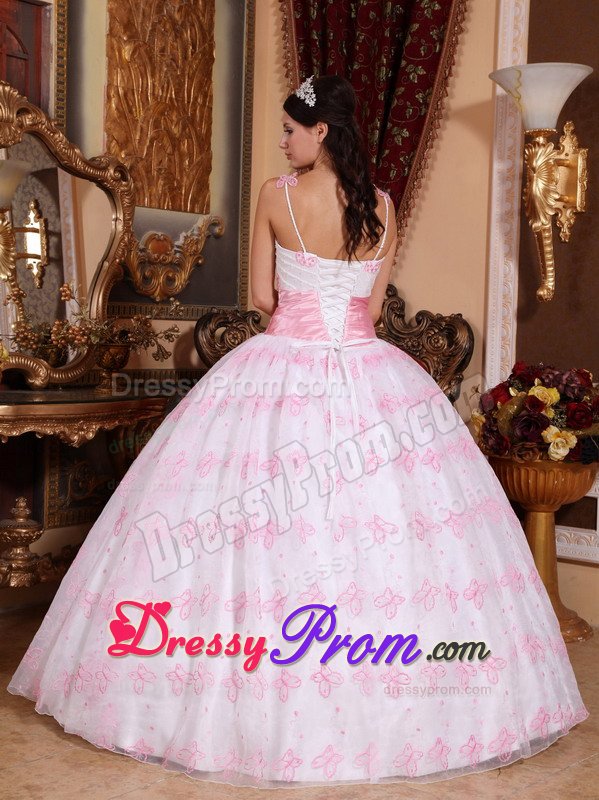 Embroidery Sash Spaghetti Straps Sweet Sixteen Dress in White