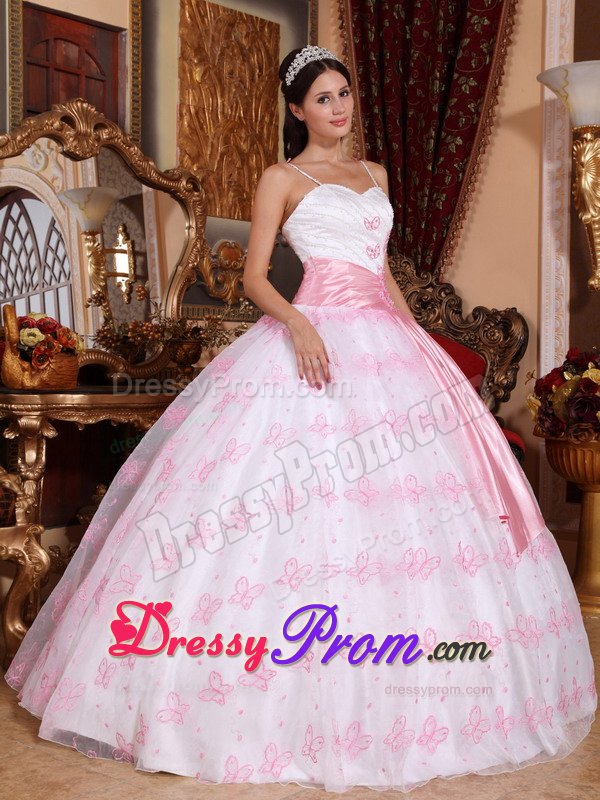 Embroidery Sash Spaghetti Straps Sweet Sixteen Dress in White