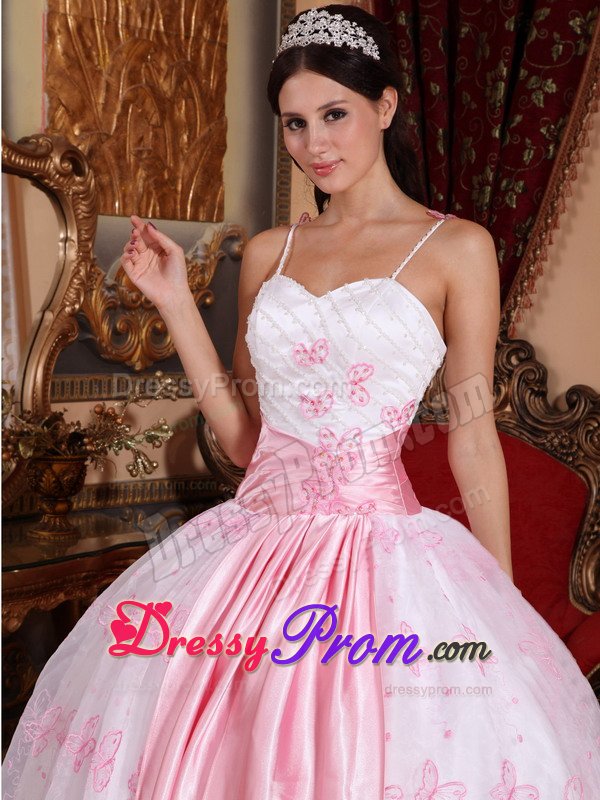Embroidery Sash Spaghetti Straps Sweet Sixteen Dress in White