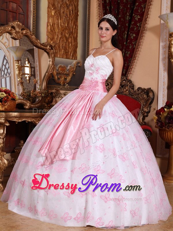 Embroidery Sash Spaghetti Straps Sweet Sixteen Dress in White