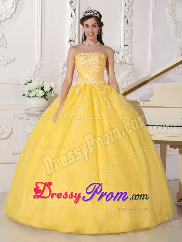Glitz Ruched and Appliqued Sweet Sixteen Dresses in Bright Yellow