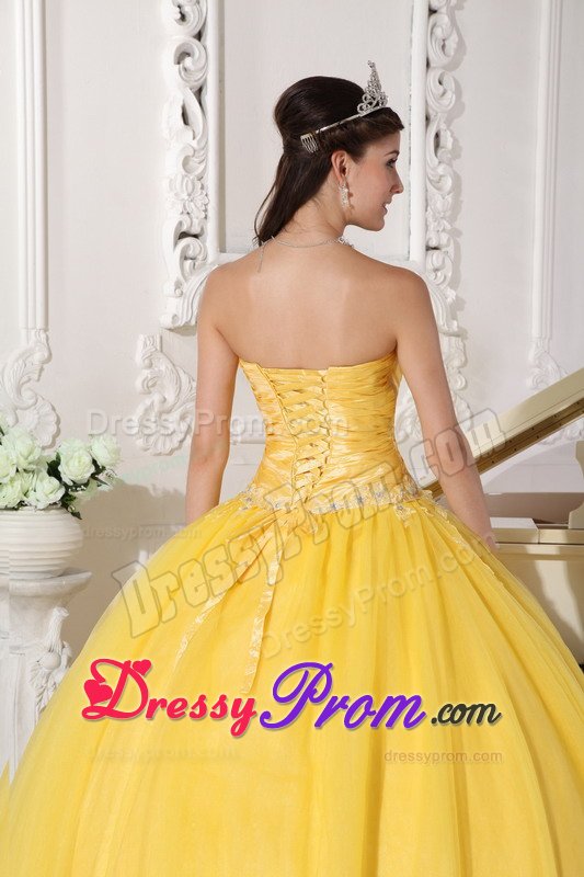 Glitz Ruched and Appliqued Sweet Sixteen Dresses in Bright Yellow