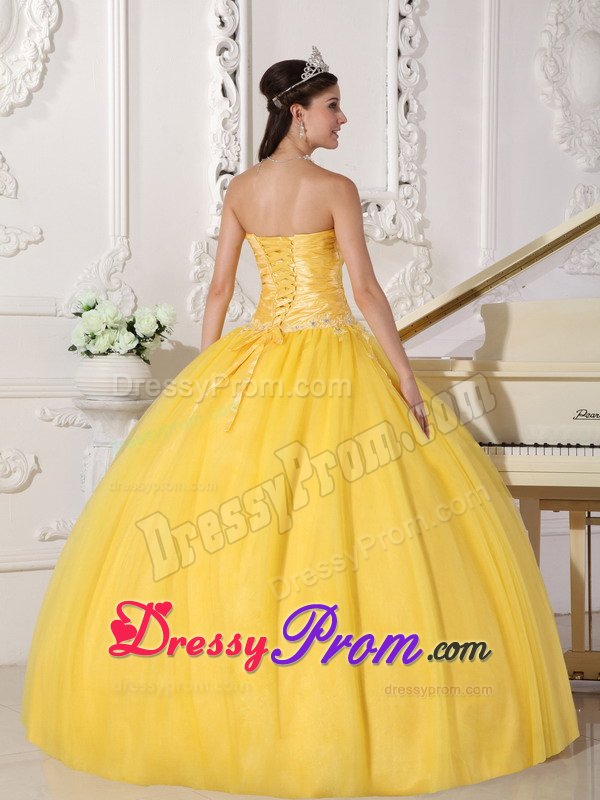Glitz Ruched and Appliqued Sweet Sixteen Dresses in Bright Yellow