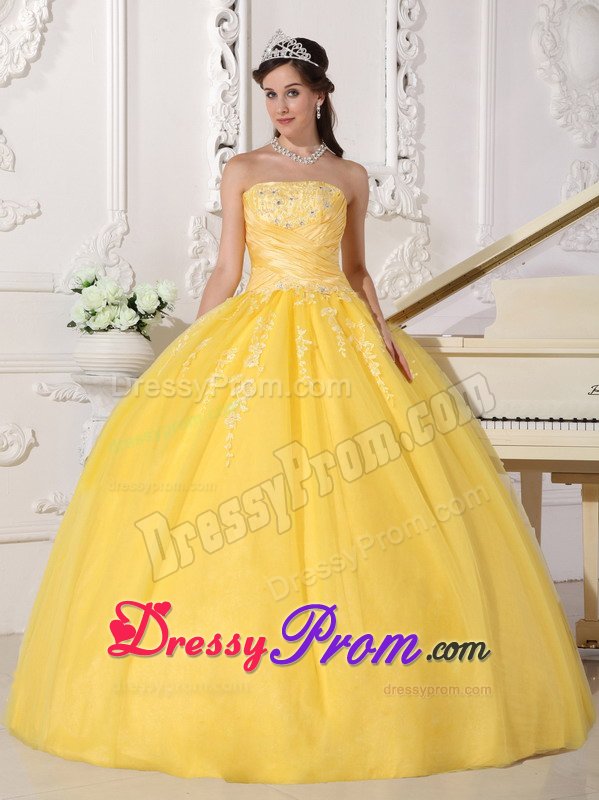 Glitz Ruched and Appliqued Sweet Sixteen Dresses in Bright Yellow