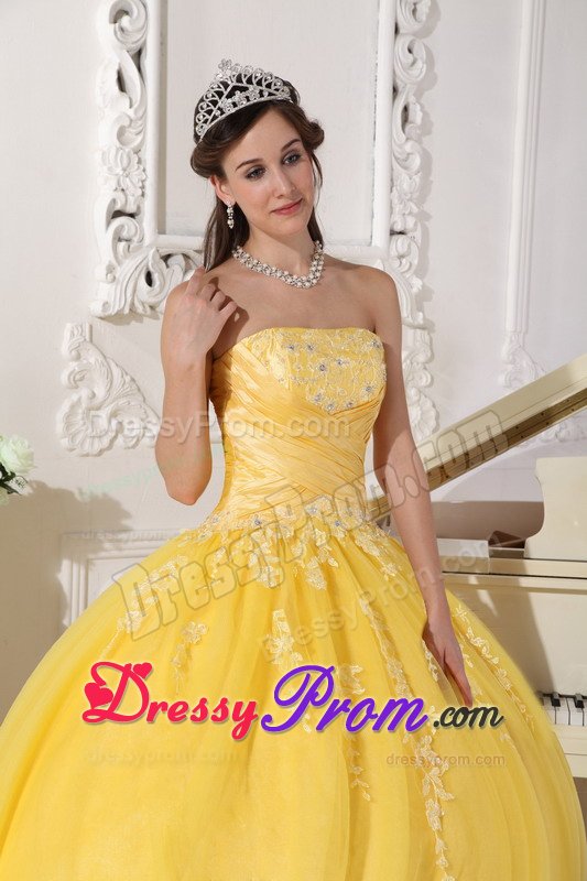 Glitz Ruched and Appliqued Sweet Sixteen Dresses in Bright Yellow