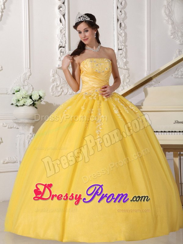 Glitz Ruched and Appliqued Sweet Sixteen Dresses in Bright Yellow