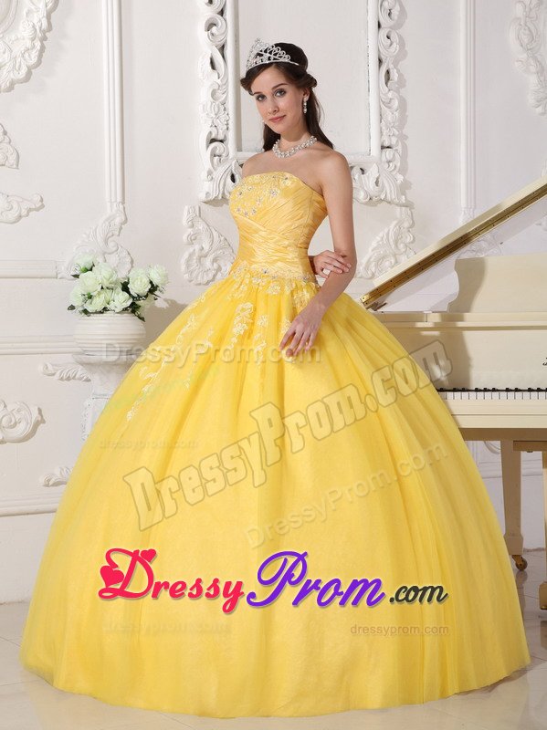 Glitz Ruched and Appliqued Sweet Sixteen Dresses in Bright Yellow