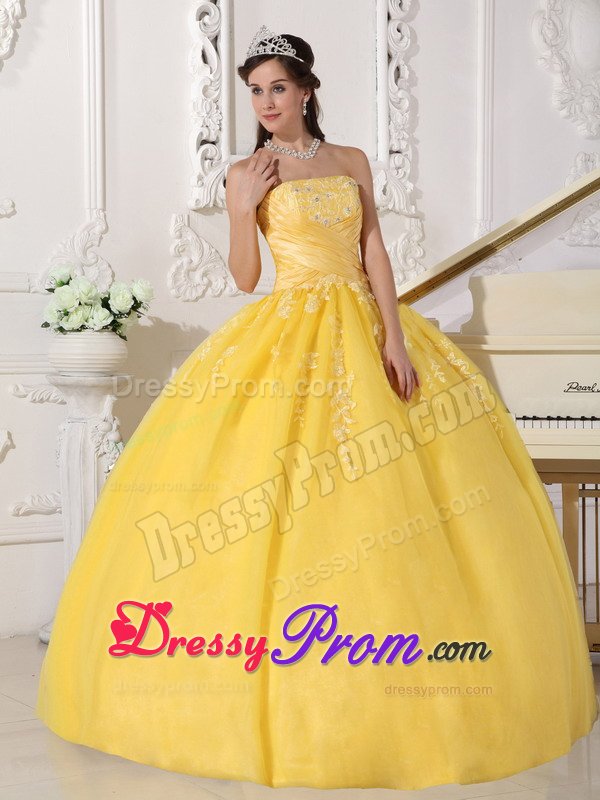 Glitz Ruched and Appliqued Sweet Sixteen Dresses in Bright Yellow
