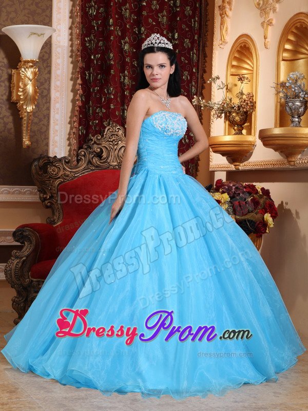 Appliqued and Beaded Baby Blue Organza Sweet Sixteen Dresses