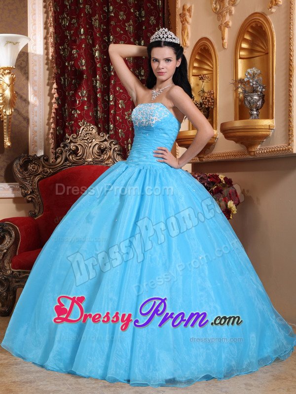Appliqued and Beaded Baby Blue Organza Sweet Sixteen Dresses